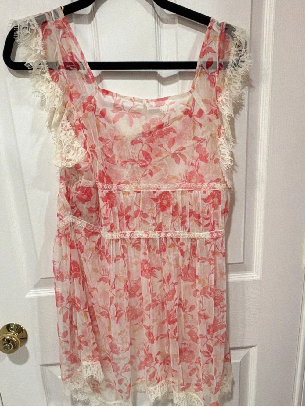 Free People Pink Floral Lace-Trim Sheer Mini Dress